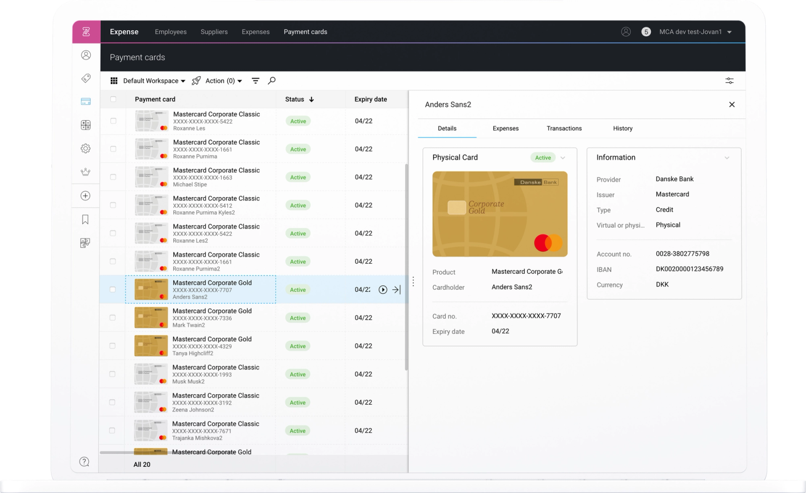 UI-design af betalingskort-interface med kontokortdetaljer og transaktionsoversigt i fintech-platform