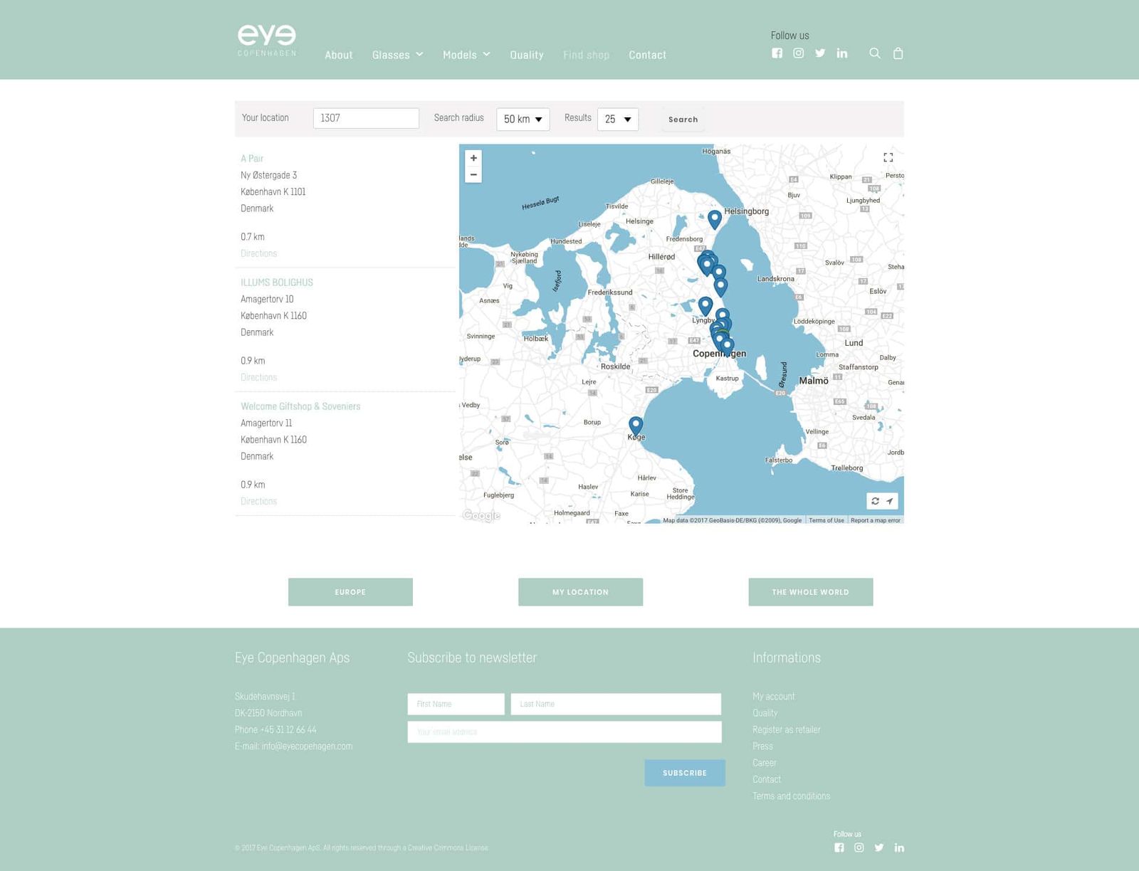 Store locator interface with interactive map and geolocation for eyewear retailer directory