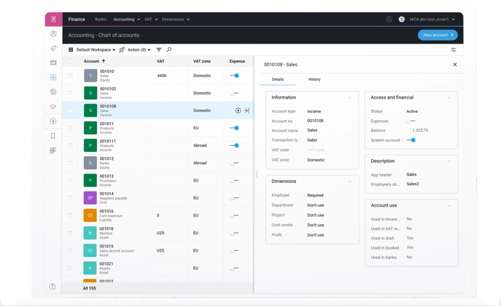 Financial dashboard UI showing chart of accounts with VAT zones, transaction details and account management interface