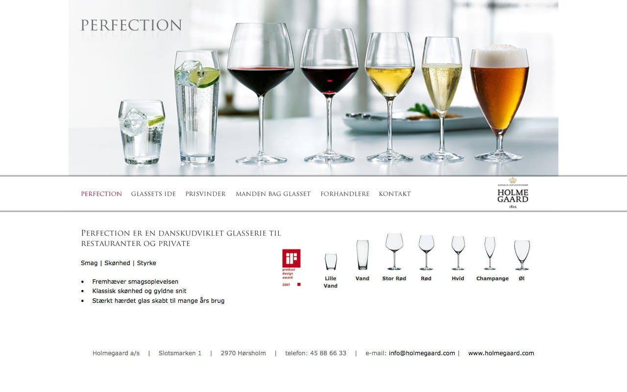 Web design for Perfection glassware series showcases seven different wine and spirits glasses in product catalog