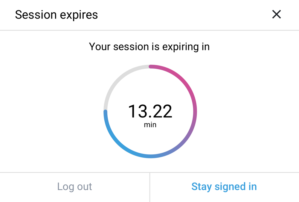 Interaction design: session expiration modal with 13.22 minute countdown and options to log out or stay signed in