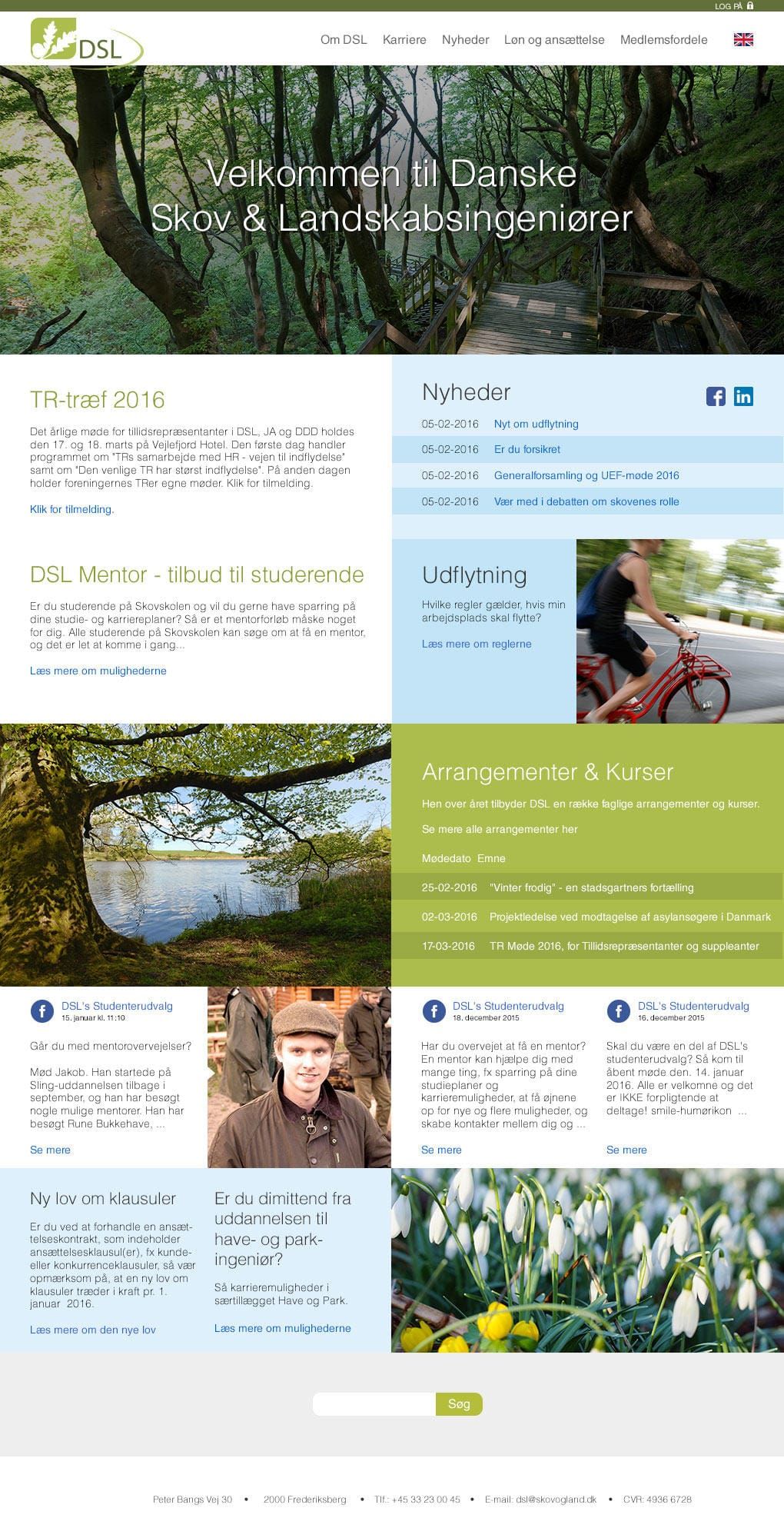 Responsive web design featuring natural color palette, news section, events and courses organized in structured grid layout
