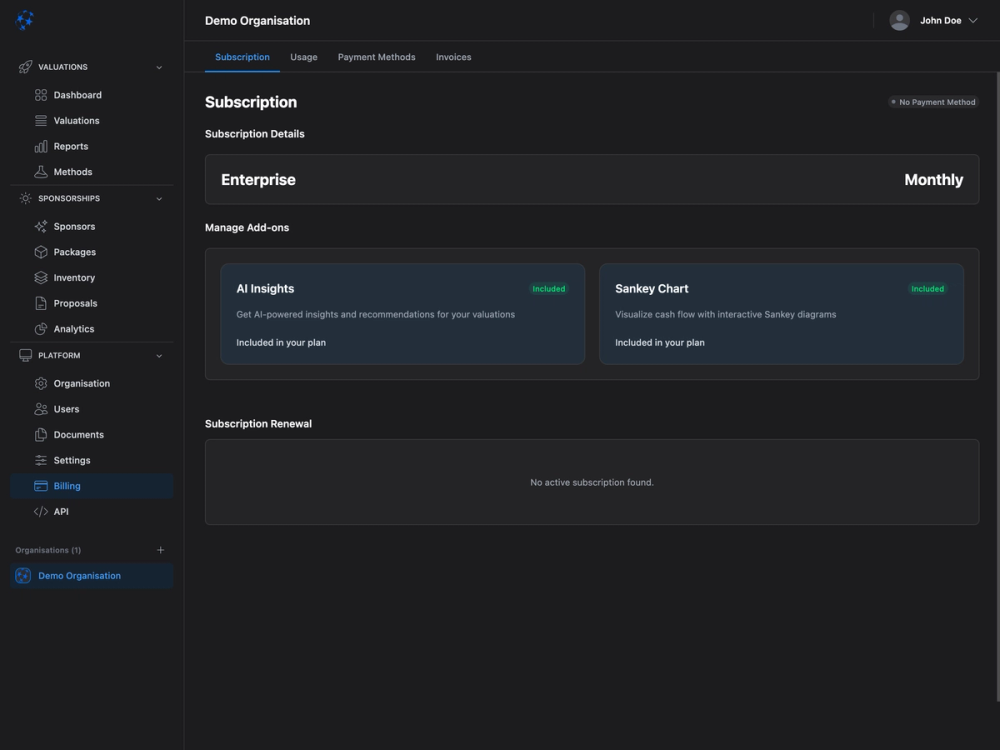 SaaS billing interface displaying Enterprise subscription tier, monthly billing cycle, and included AI-powered analytics add-ons