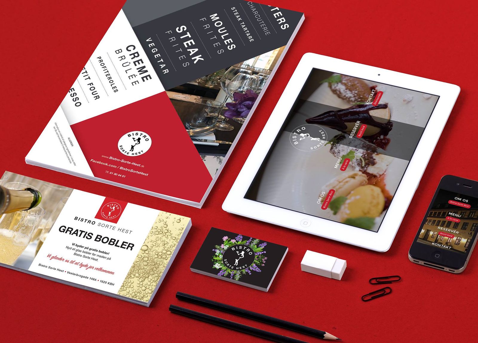Visuelt identitetssystem med logo, menukort, visitkort, tablet-webdesign og mobilapp for fransk bistro