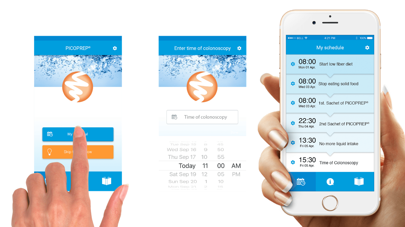 Pharma-app interface design til colonoscopy-forberedelse med tidsindstilling og behandlingsplan