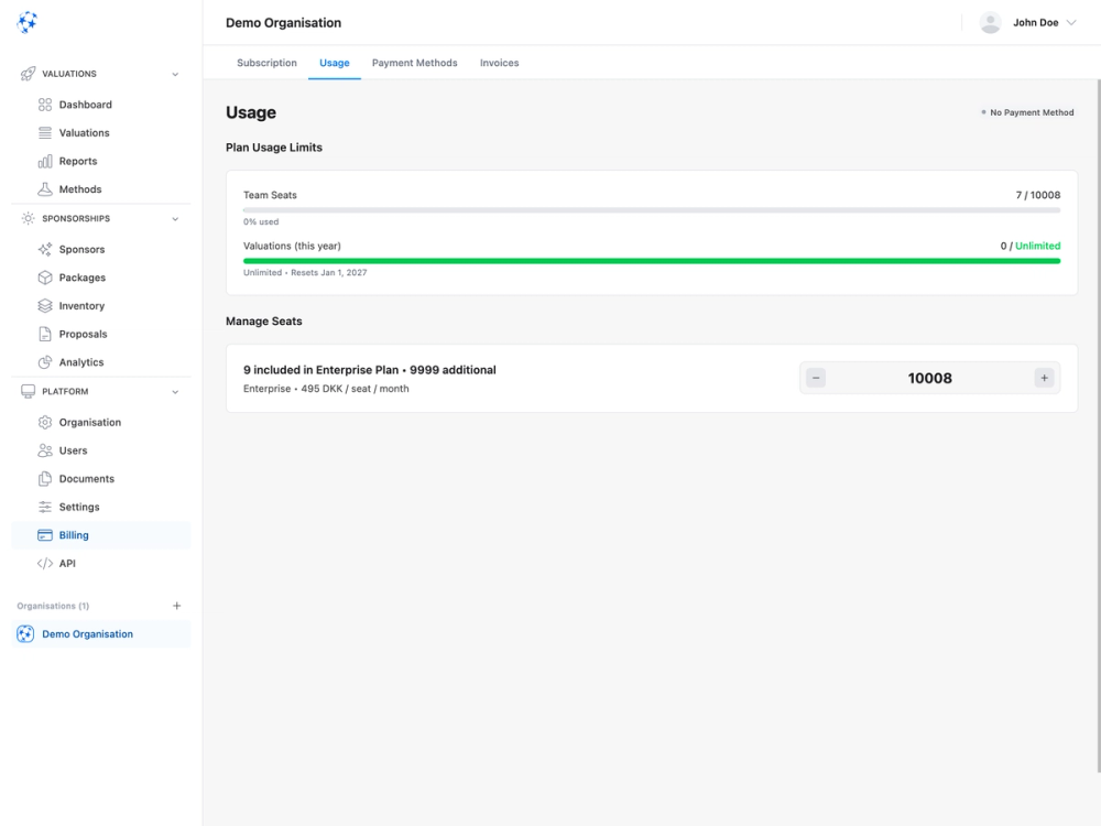 SaaS dashboard showing plan usage limits, team seat management, and billing configuration interface