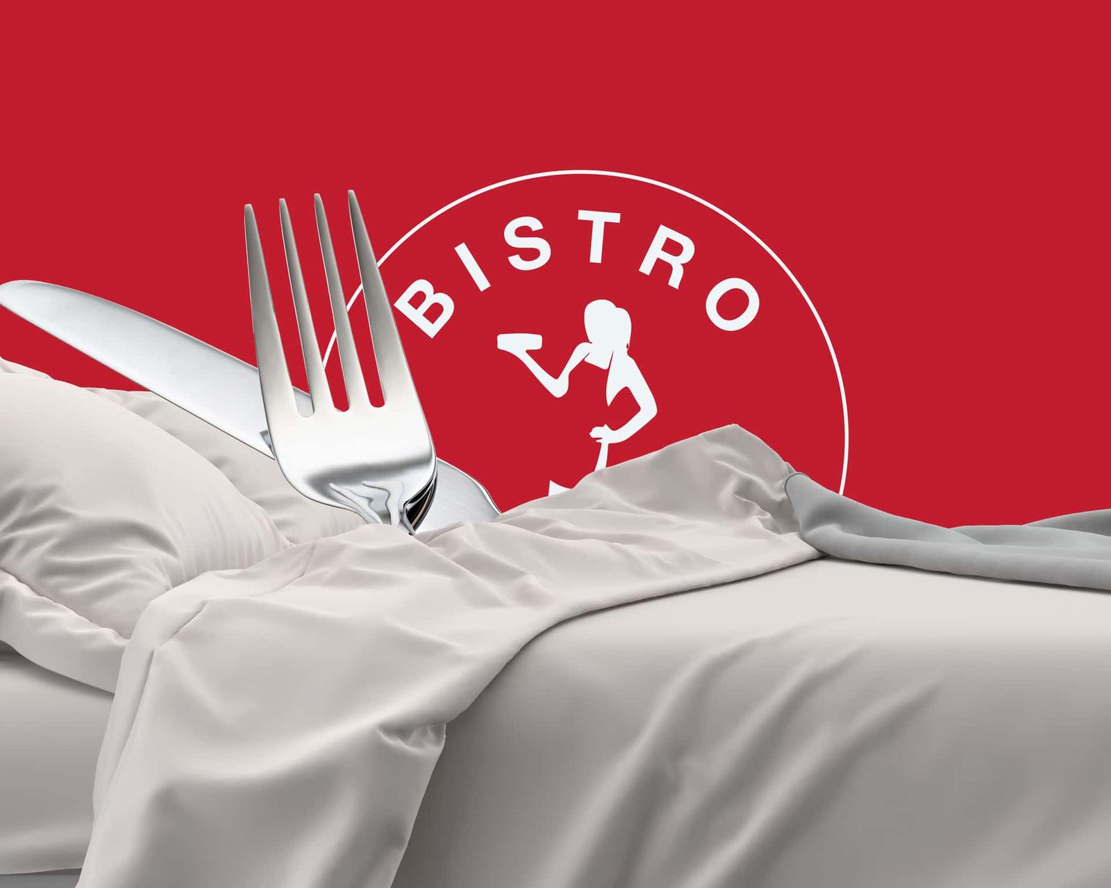 Social media-grafik med rødt design, hvid gaffel og Bistro Sorte Hest-logo til Valentinsdags-kampagne