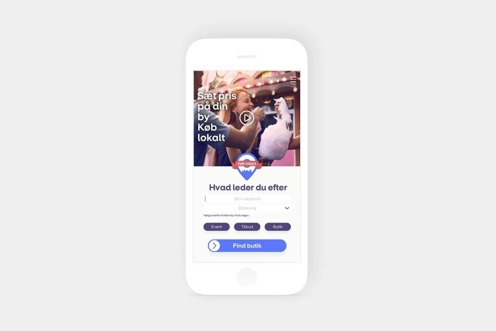 UX-design af køb lokalt-portal: iPhone-skærm med videointroduktion og kategorifiltre til at finde butikker og events