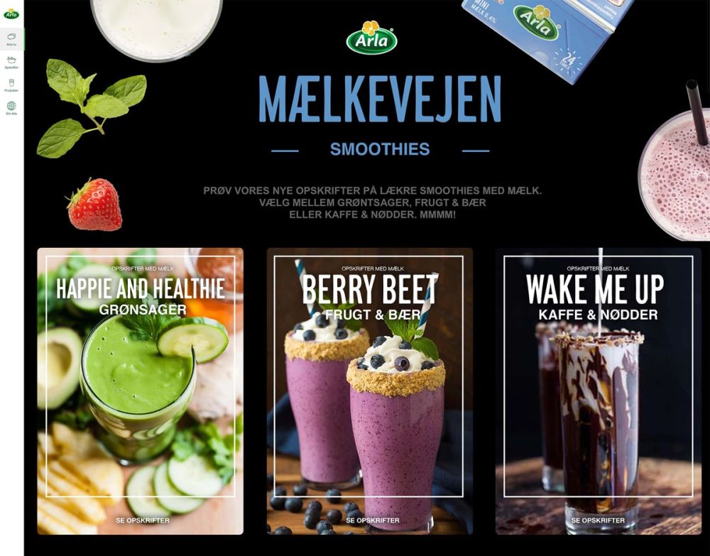 UI design med sort baggrund til smoothie-aktivering viser tre opskriftskort med grøntsager, frugt og kaffe