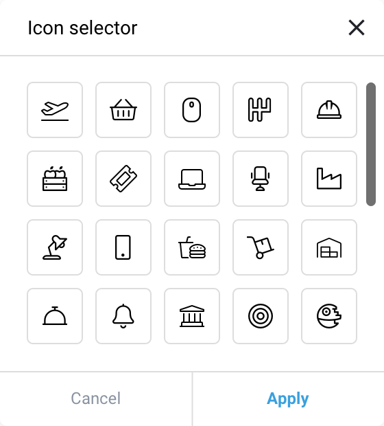 Interaction design: Icon selector with 20 icons for design system in FinTech platform