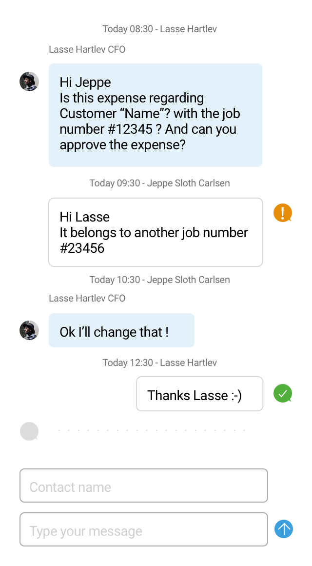 Communication design showing chat interface dialogue between CFO and employee coordinating expense approval workflow
