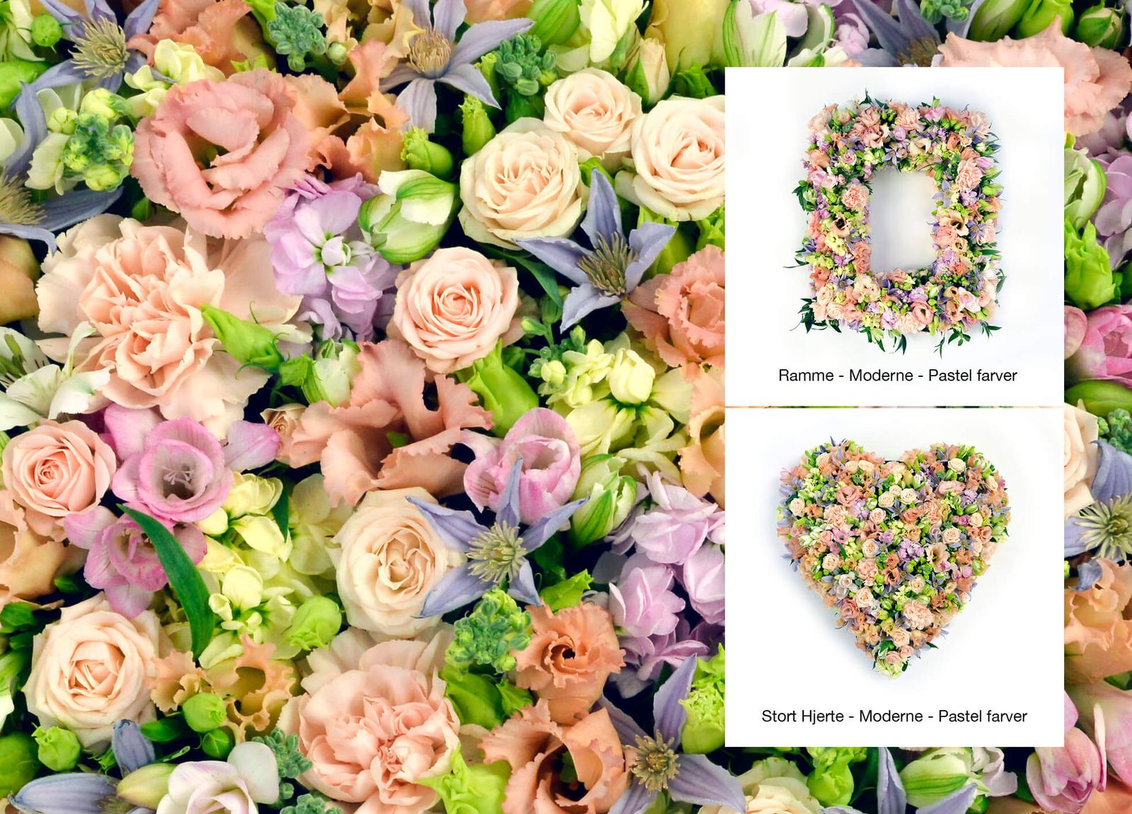 Art direction and graphic composition of funeral floral arrangements featuring roses, wreaths and heart designs in soft pastel tones