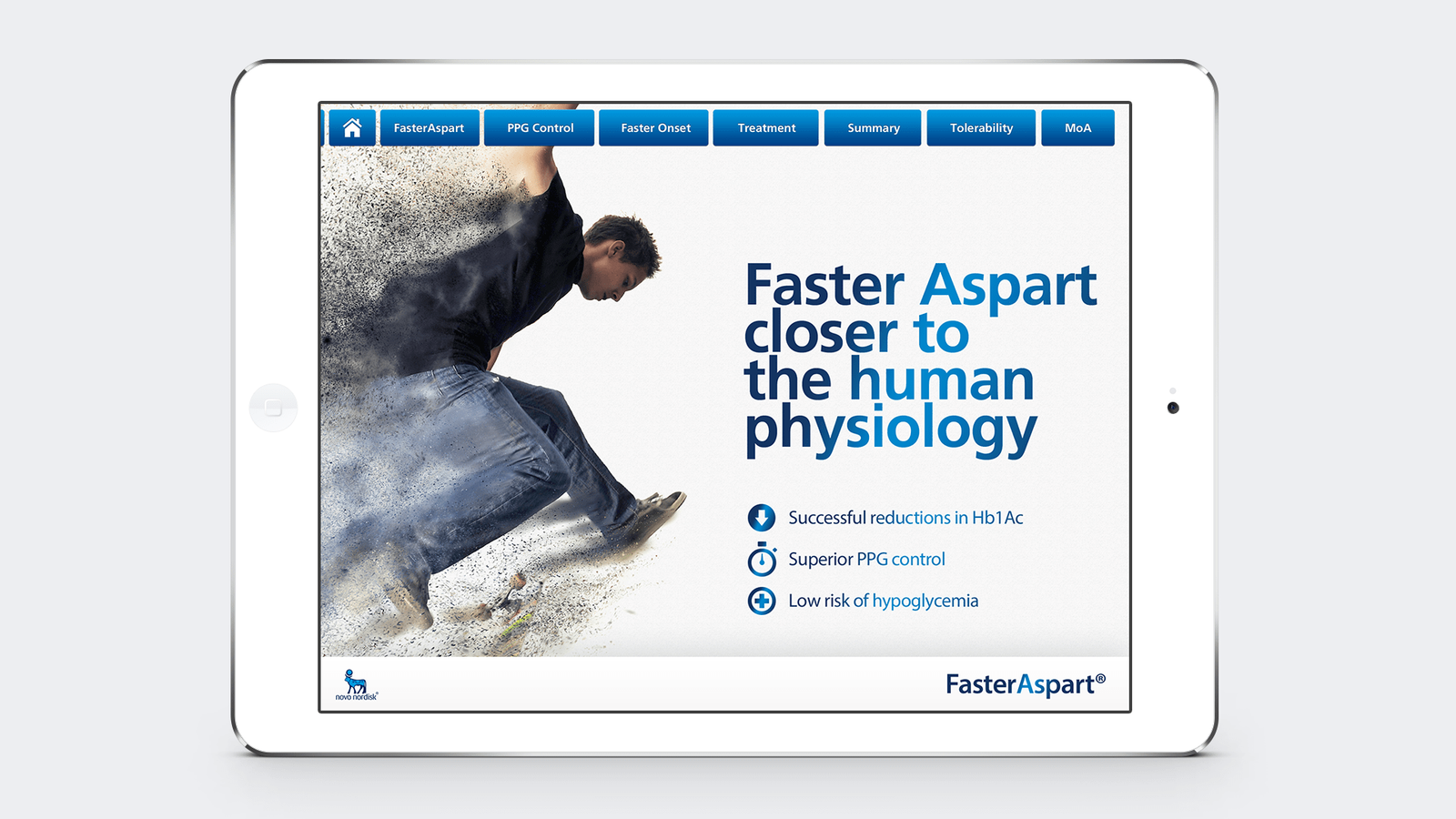 Landing page interface design for FasterApart insulin product launch displayed on tablet