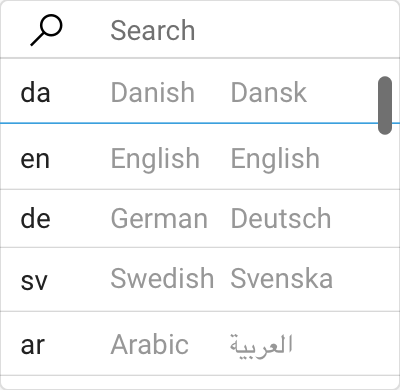 Interaction design showing language selector input field supporting Danish, English, German, Swedish and Arabic localization options