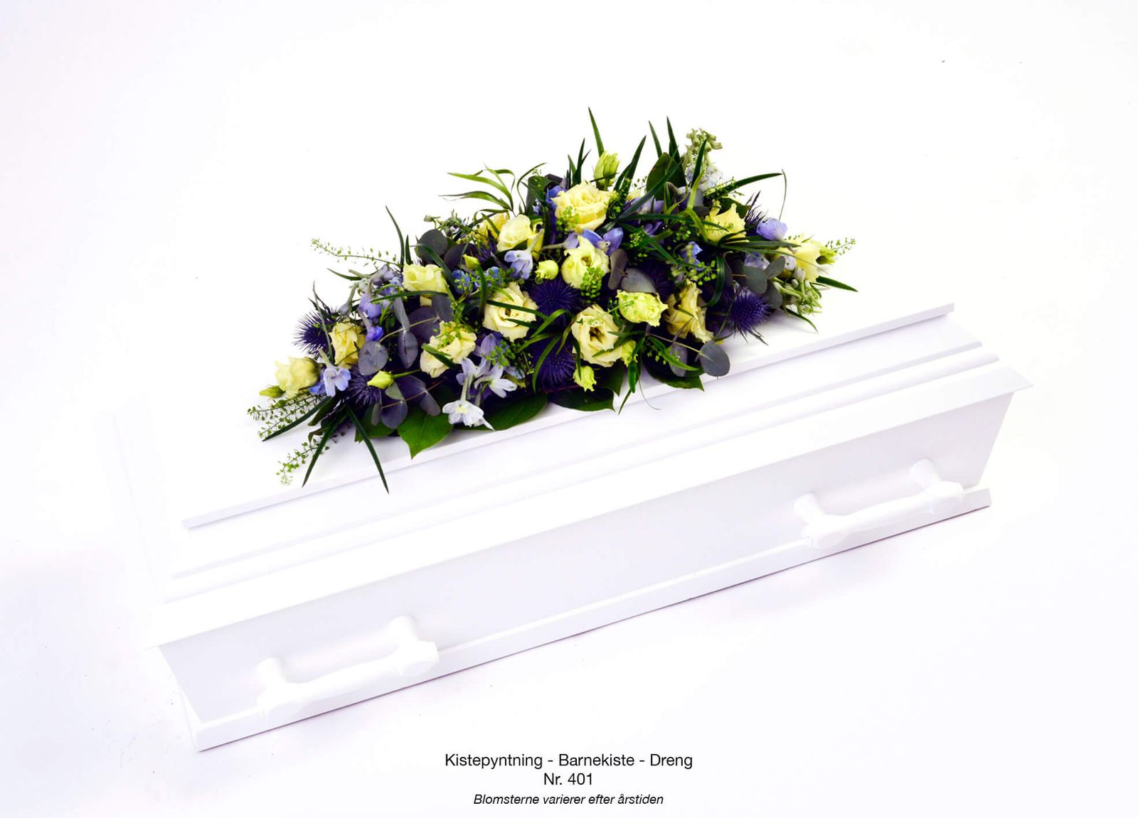 Product photography and art direction of yellow and purple casket floral arrangement in minimal composition