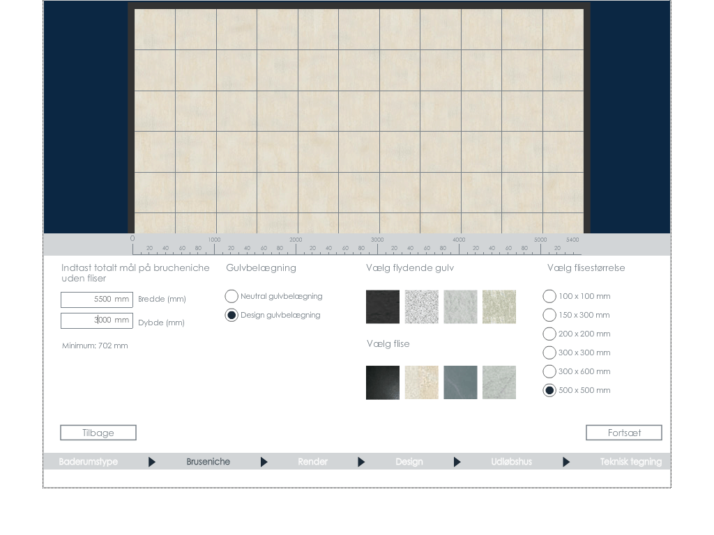 Product interface for wet room configurator showing tile selection, size options and dimensional specifications
