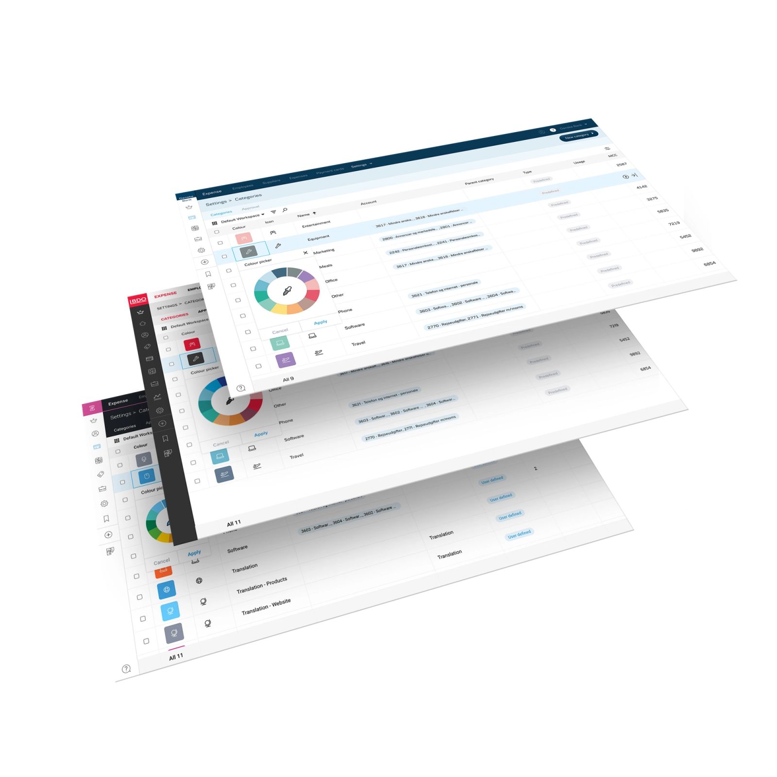 UI design af Zenegy-framework med interaktive dashboards, farveskemaer og datavizualiseringer på tværs af multiple skærme