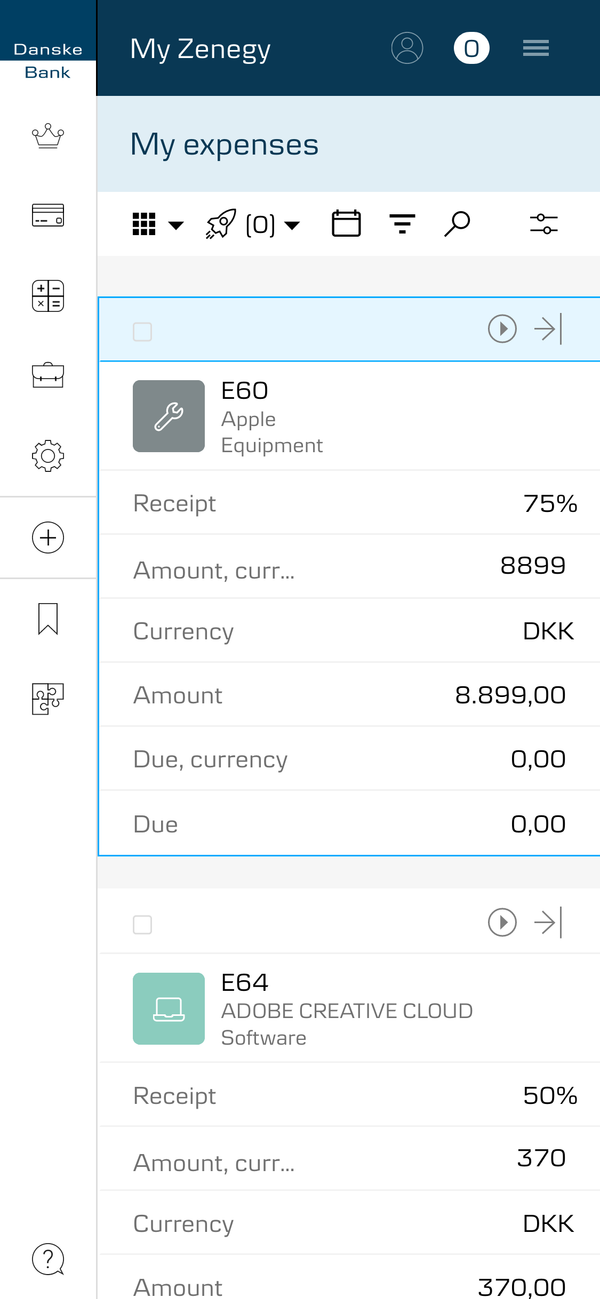 Responsive mobile design for expense management in white-label financial platform Zenegy