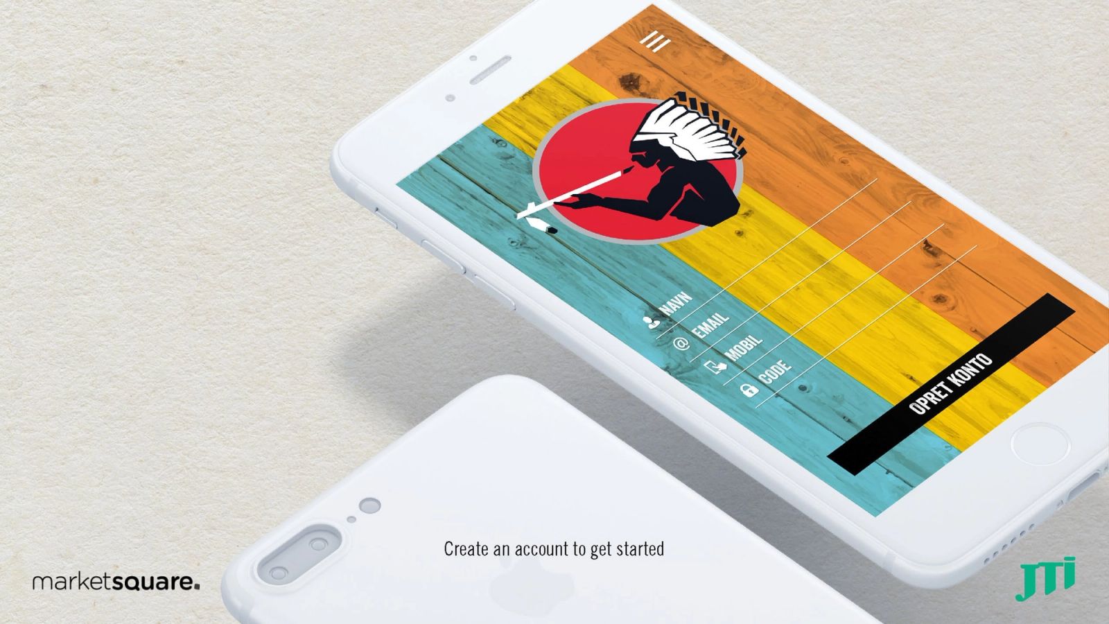 Mobile interface design featuring colorful wooden background, red emblem and contact form fields