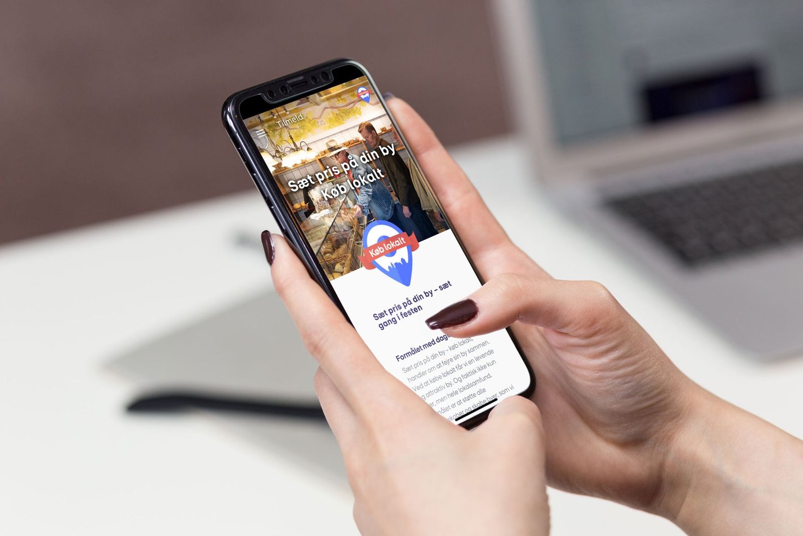 Mobile app interface design viser køb lokalt-kampagne med tilbud og butikker i nærheden
