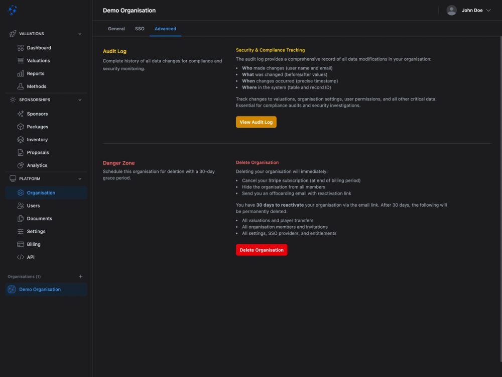 Admin interface for advanced organization settings with audit log, security tracking and deletion options in SaaS platform