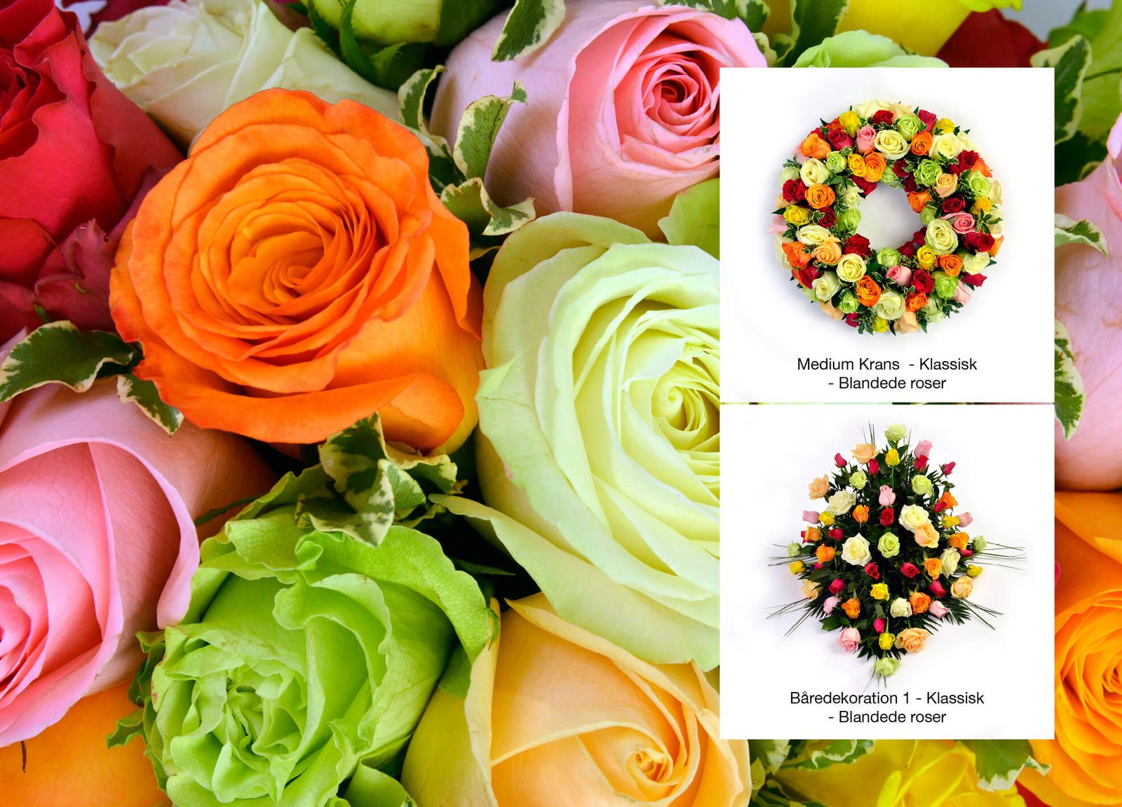 Editorial design for funeral catalogue featuring vibrant rose arrangements in wreaths and floral tributes