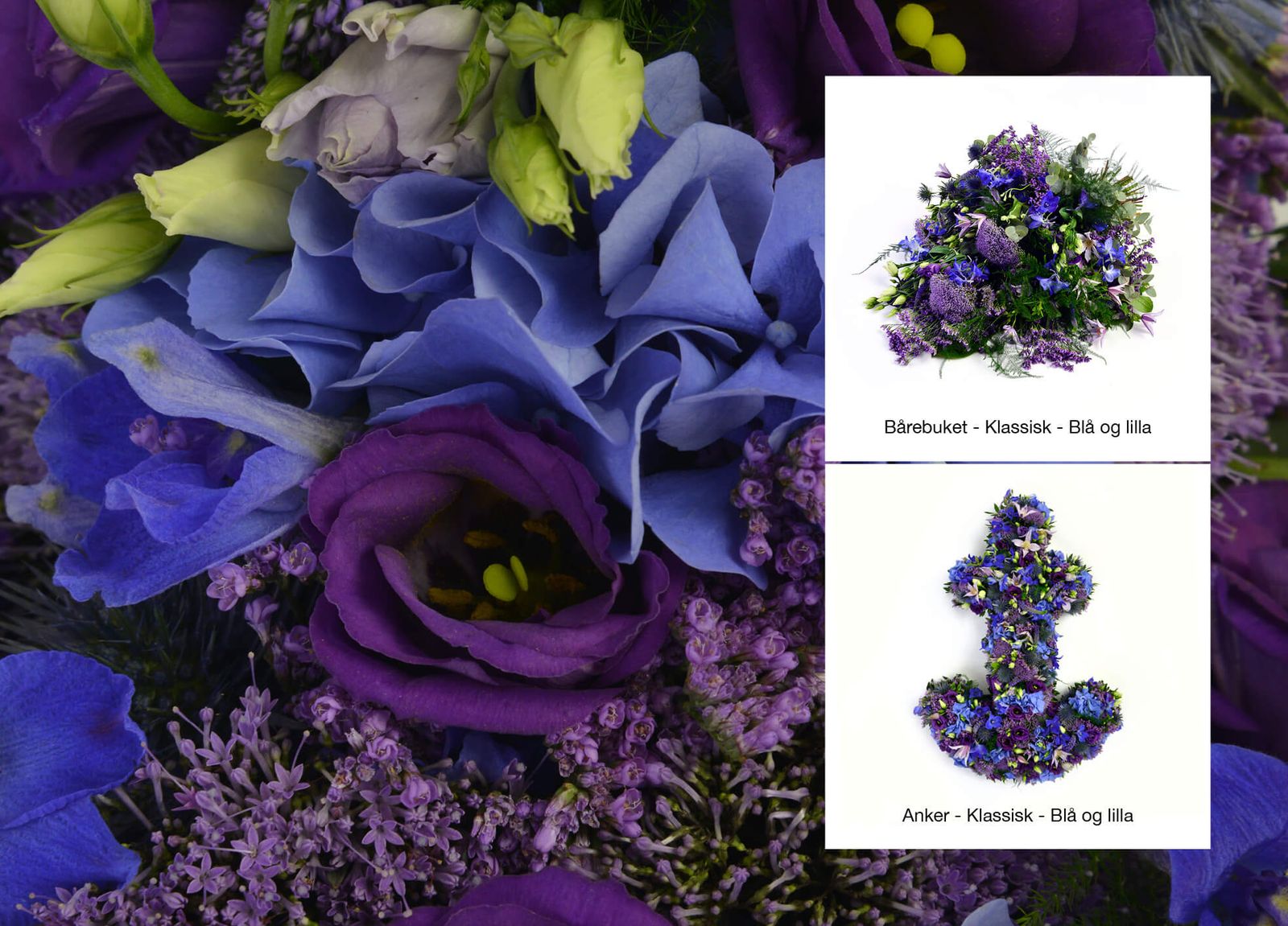 Floral arrangement photography for funeral catalog featuring blue and purple wreaths in classic design