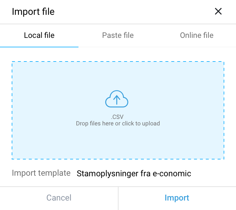 Interaction design showing CSV file import with drag-and-drop upload functionality