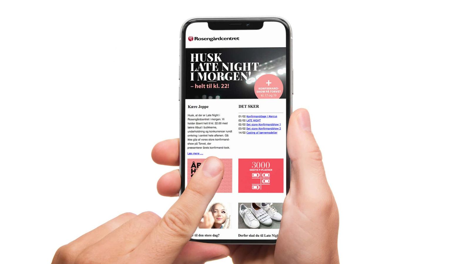 UI design for shopping center site displaying store directory, event listings and promotional campaigns