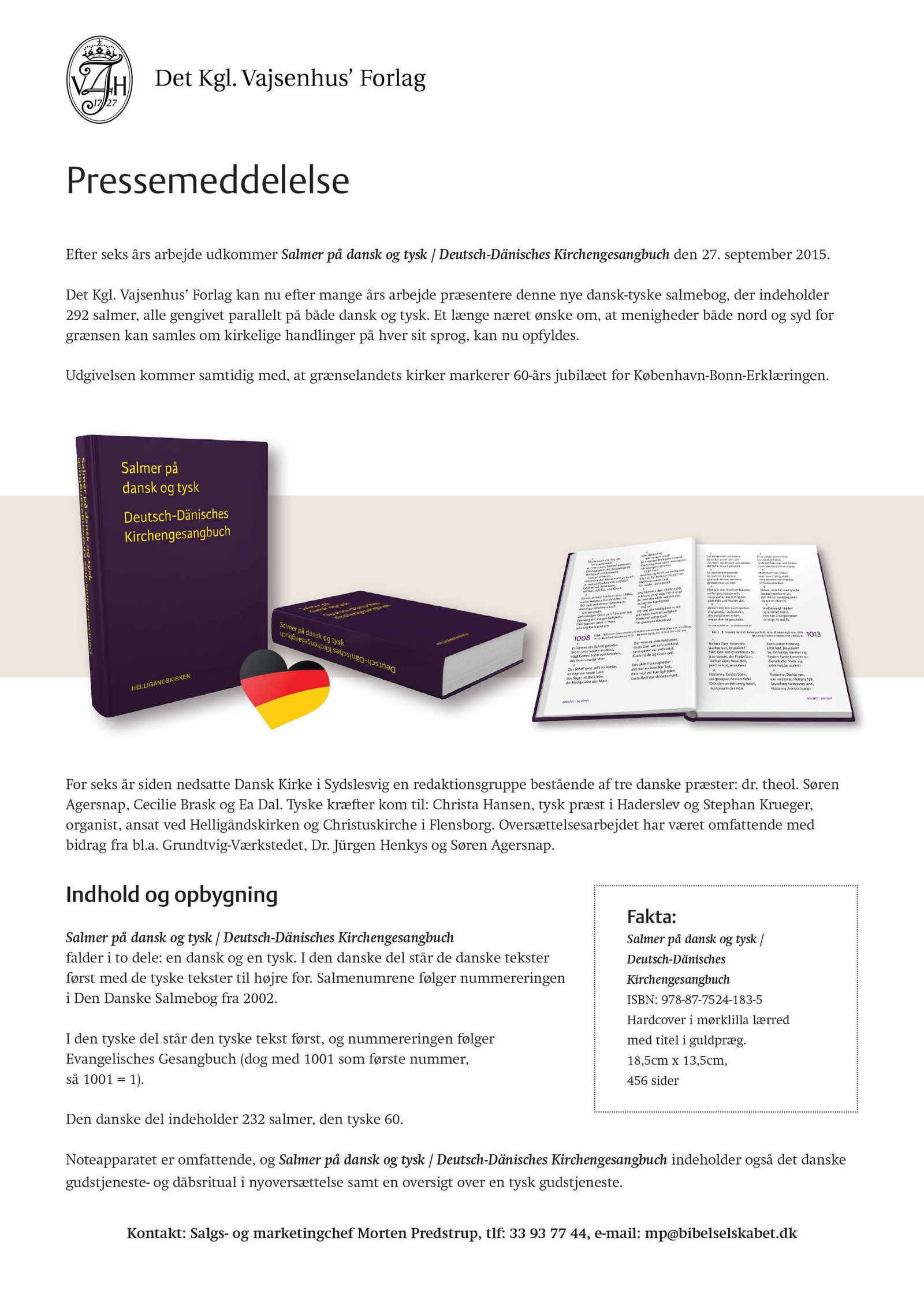 Press release showcasing bilingual hymnbook design with dual-language layout in Danish and German typography