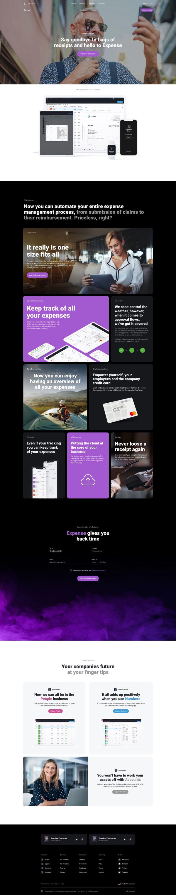 Dashboard interface displaying expense tracking, receipts and transaction overview in Zenegy