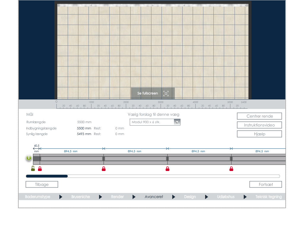 Configurator interface displaying modular bathroom design with grid layout for architects to visualize and calculate wet spaces