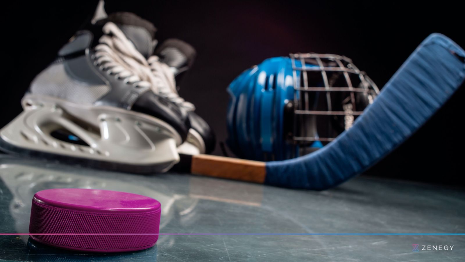 Presentation template featuring hockey stick chart with skate and equipment on dark background