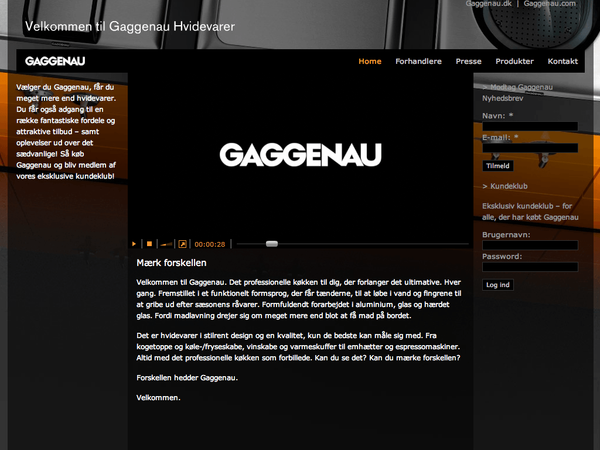 Gaggenau premium hvidevarer website 'Velkommen til Gaggenau Hvidevarer' på mørk skærm — webdesign og digital platform for premium køkkenudstyr og luksus hvidevarer
