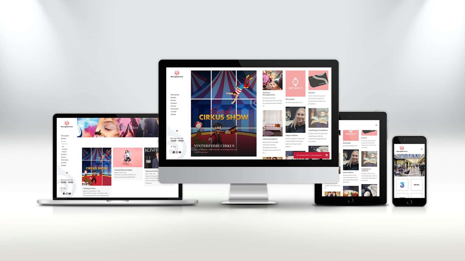 Responsive web design across devices showcasing store directory, Instagram feed integration and YouTube videos