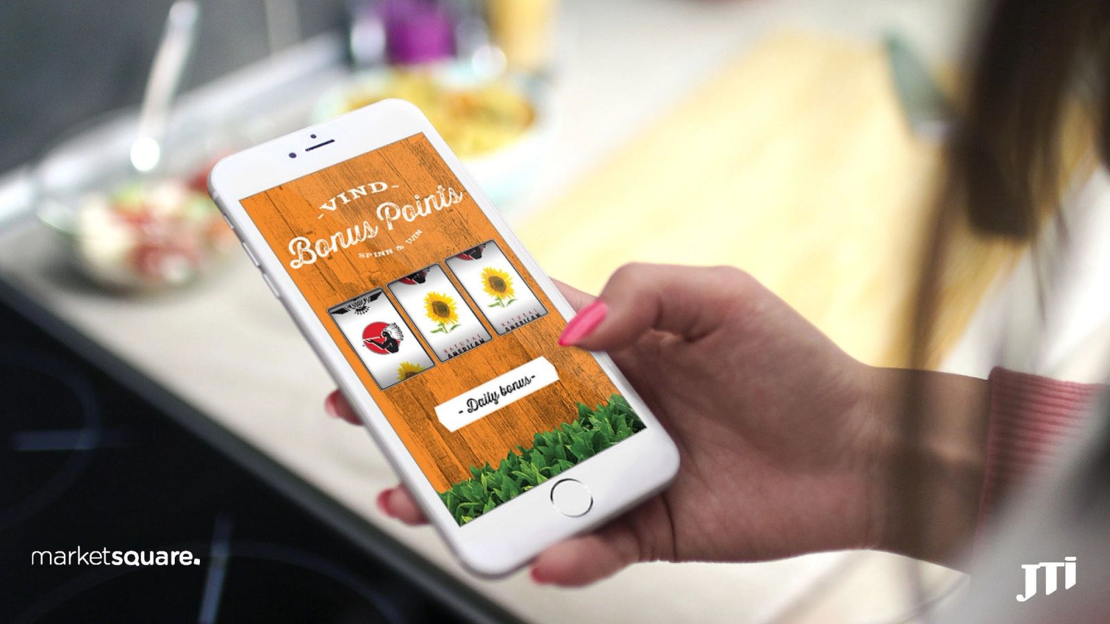 Gamified app interface displaying quiz cards and daily bonus rewards in an internal staff campaign
