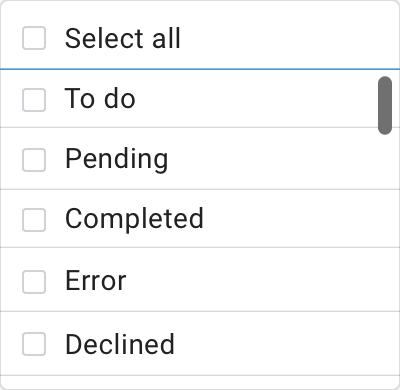 Interface design af statusvælger med kategorier: At gøre, Afventer, Udført, Fejl og Afslået