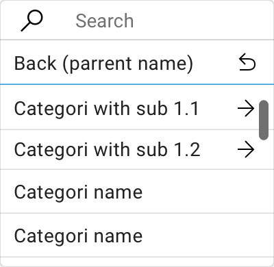 Kategoristruktur med dropdown-navigation og input-felt til FinTech-platform med white-label framework