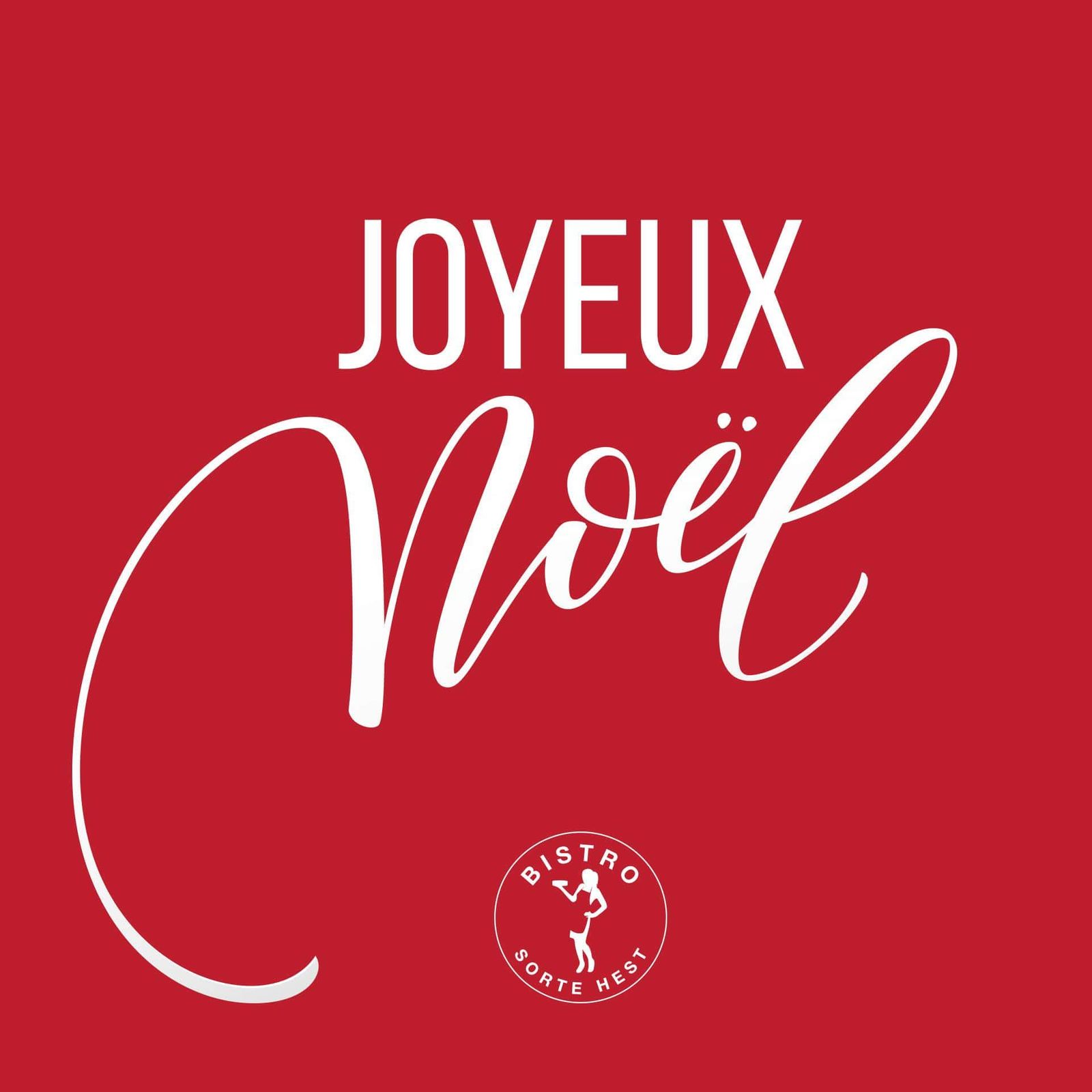Social media post med typografi. Rødt julekort med "Joyeux Noël" og Bistro Sorte Hests logo til fransk bistro-kampagne