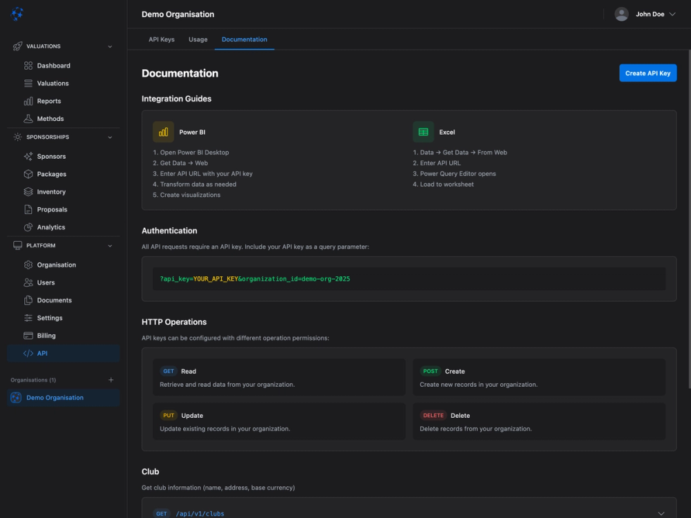 Web development documentation displaying API integration guides for Power BI and Excel with authentication and HTTP operations