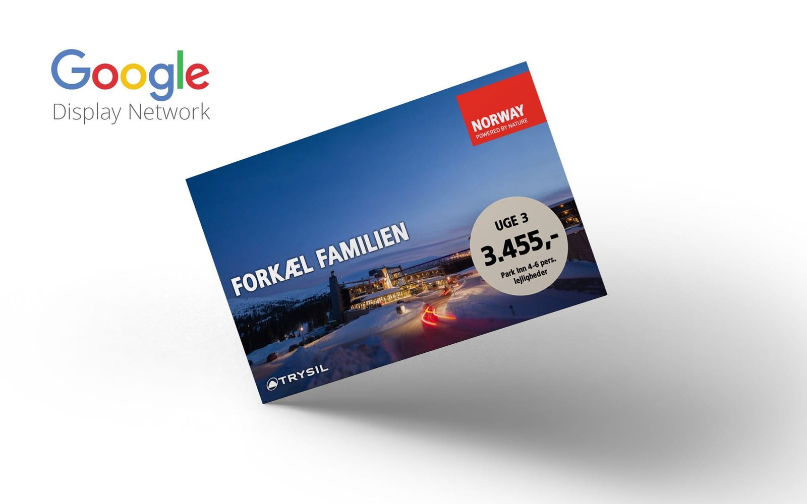 Animeret HTML5 display banner til Google med nordisk rejsedestination og pris, leaderboard-format
