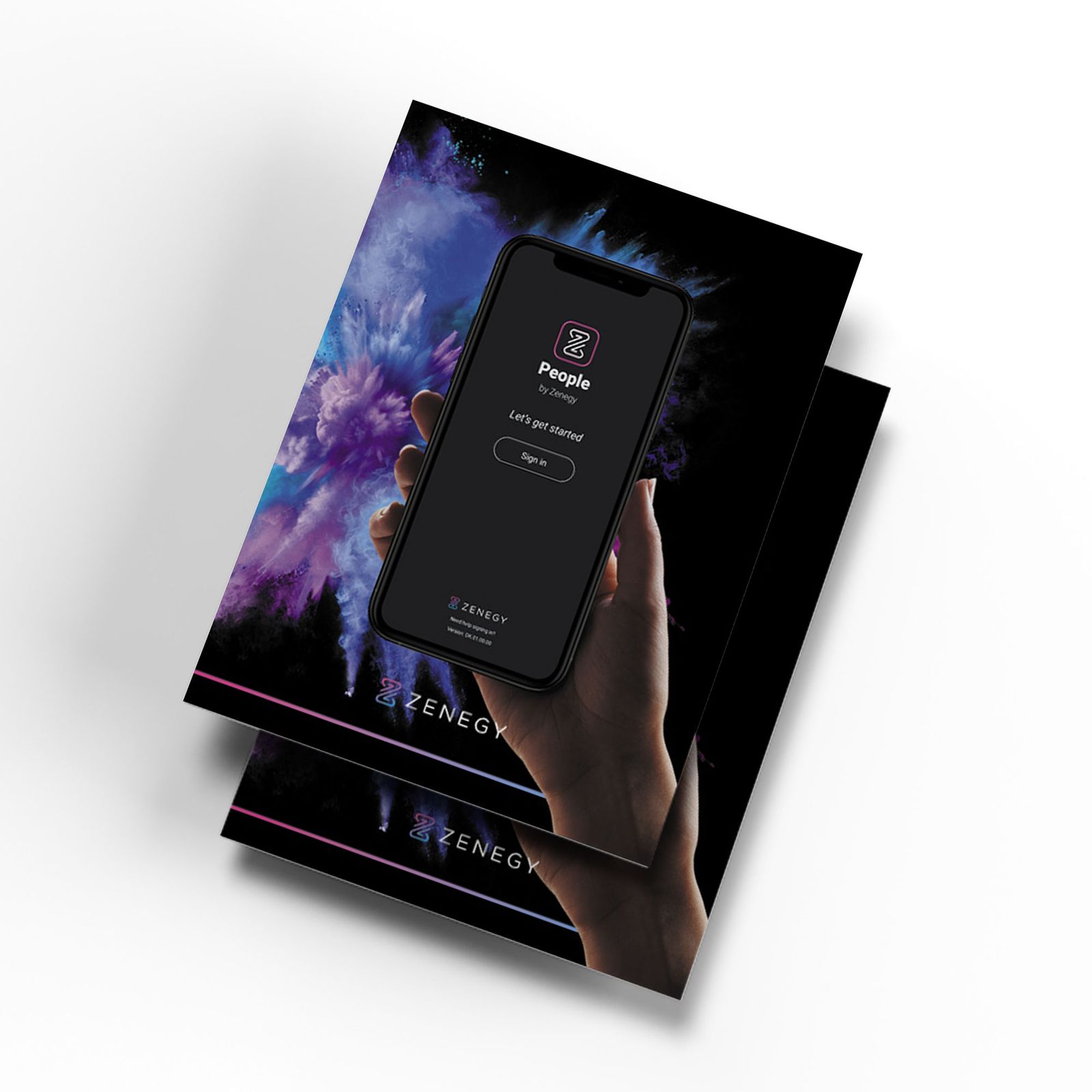 Brochure design showcasing Zenegy's corporate visual identity with smartphone displaying app interface and purple gradient aesthetic