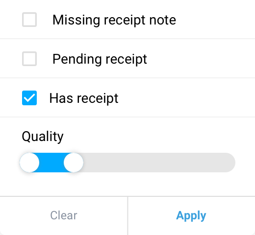 Receipt filter interface showing quality slider, pending status options and column-based filtering controls