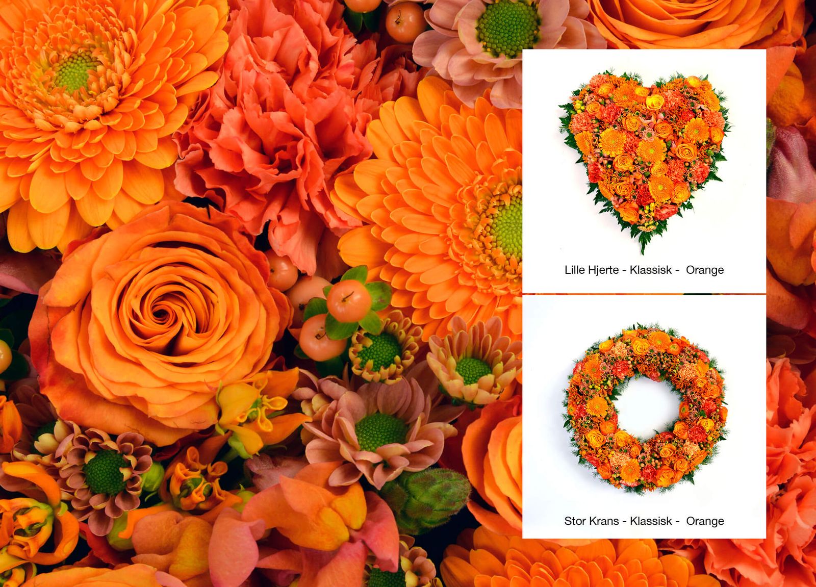 Funeral catalogue design featuring orange floral arrangements – hearts, wreaths and casket decorations in dignified presentation