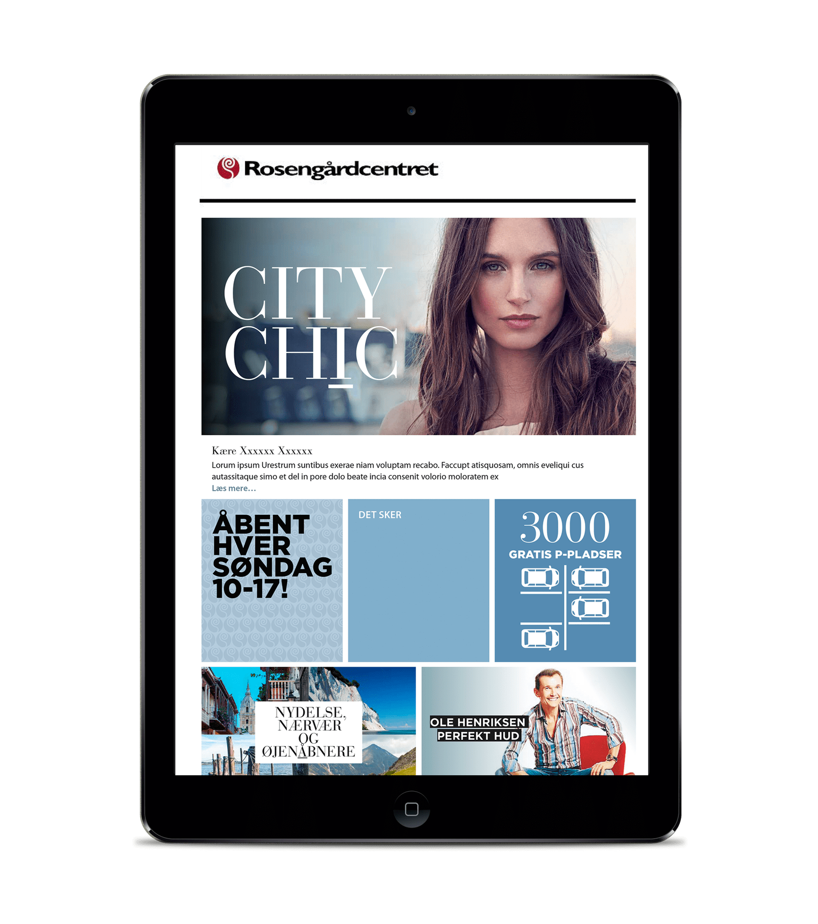 Email marketing template featuring fashion article, promotional banners and product offers