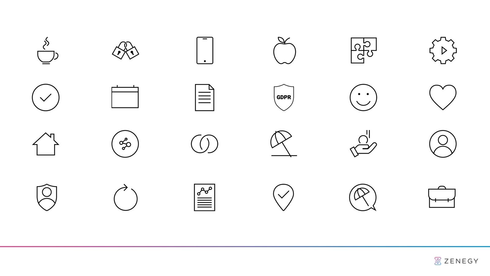 Custom icon set for Zenegy PowerPoint template featuring UI elements across finance, productivity, and wellness categories