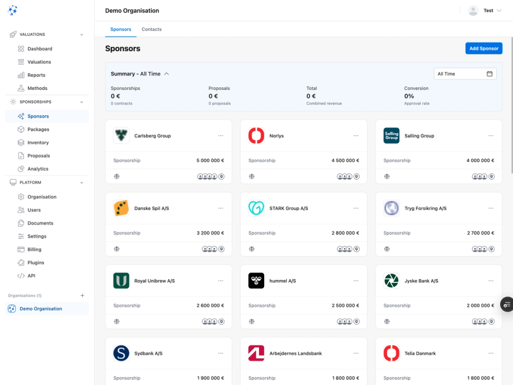 Sponsorship management interface displaying portfolio of corporate sponsors with investment amounts and KPI metrics