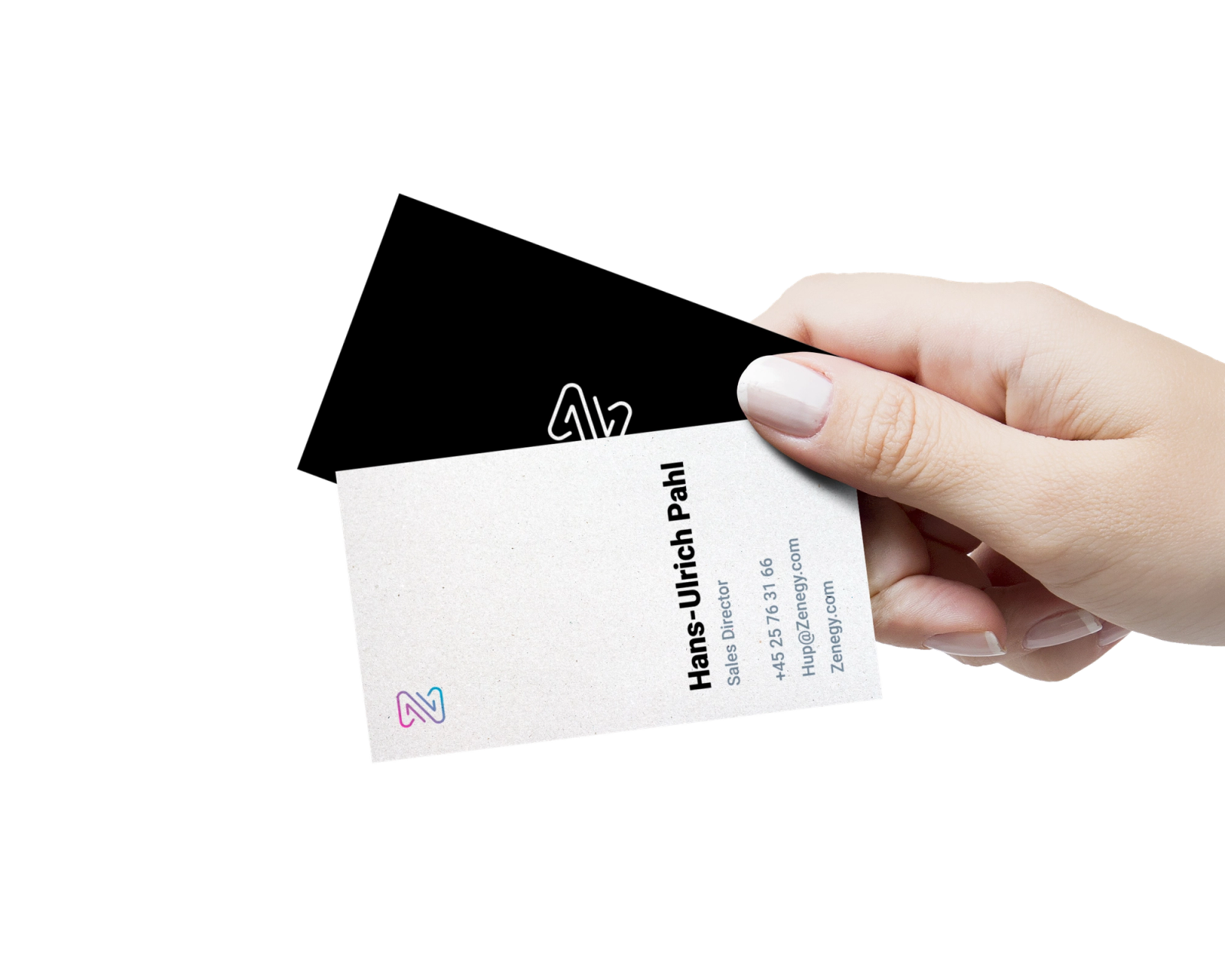 Corporate identity: hand holding business card featuring Zenegy logo and contact details against black background