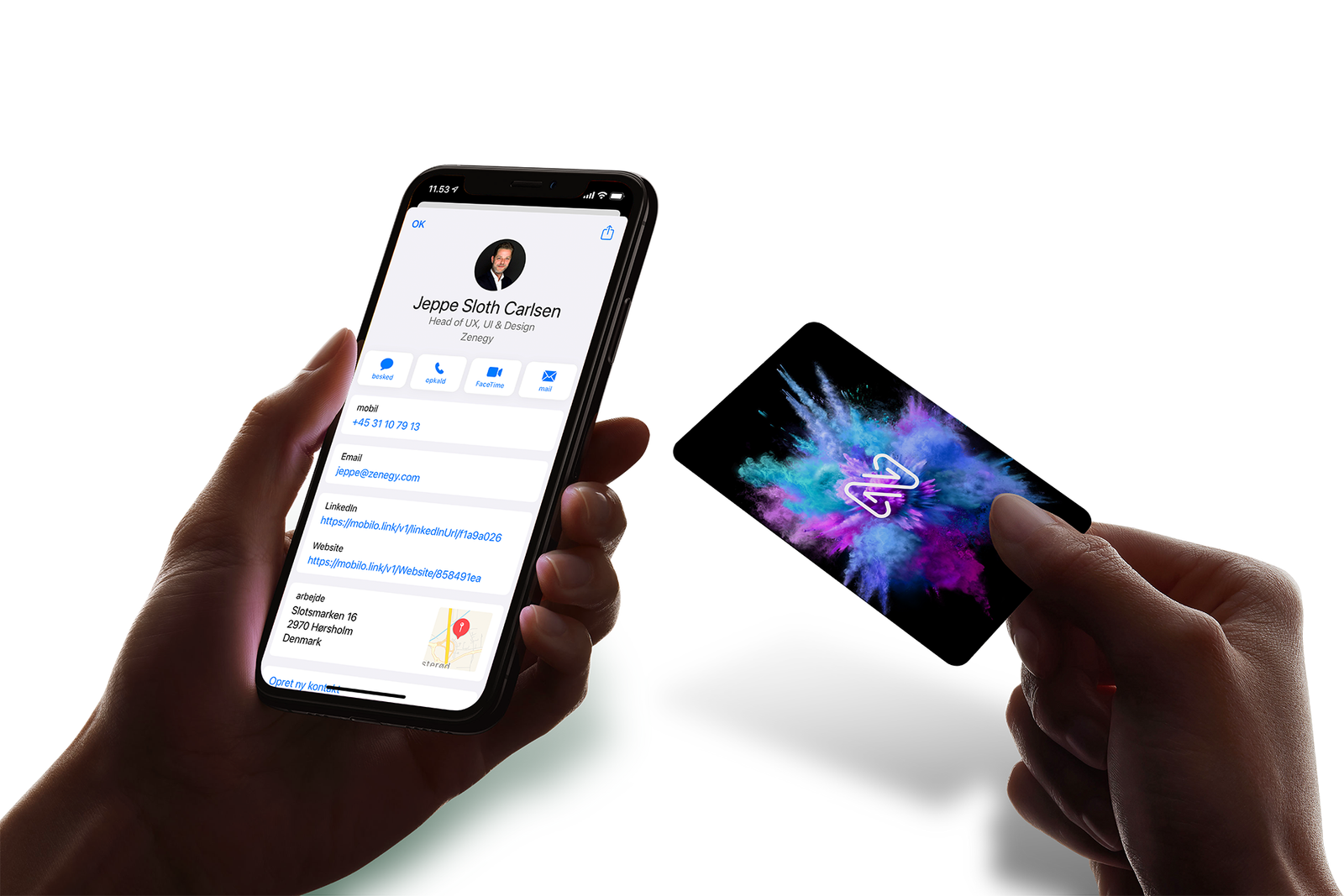 Contact card interface and mobile app screen showcasing digital identity design for fintech brand