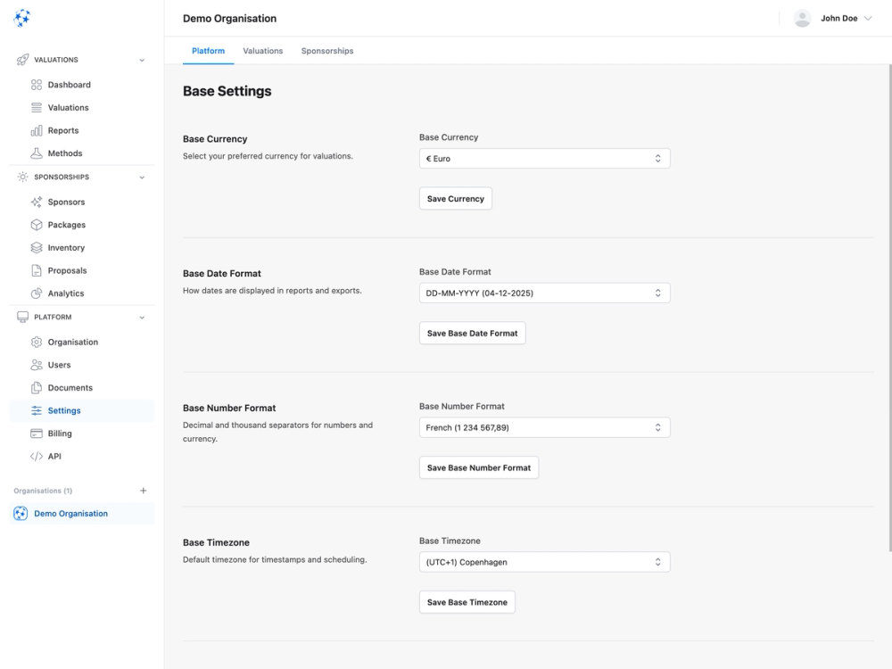 Platform configuration interface showing base settings for currency, date format, number format and timezone
